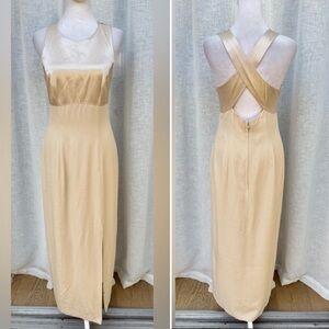 Vintage New Image ivory gold cross back high waist maxi dress